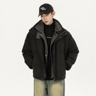 SHAPOES秋冬男生重磅假两件棉衣棉服男士 外套 宽松保暖牛仔工装