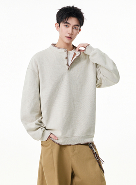 SHAPOES秋冬季男生美式手缝线亨利领卫衣男士休闲百搭情侣上衣