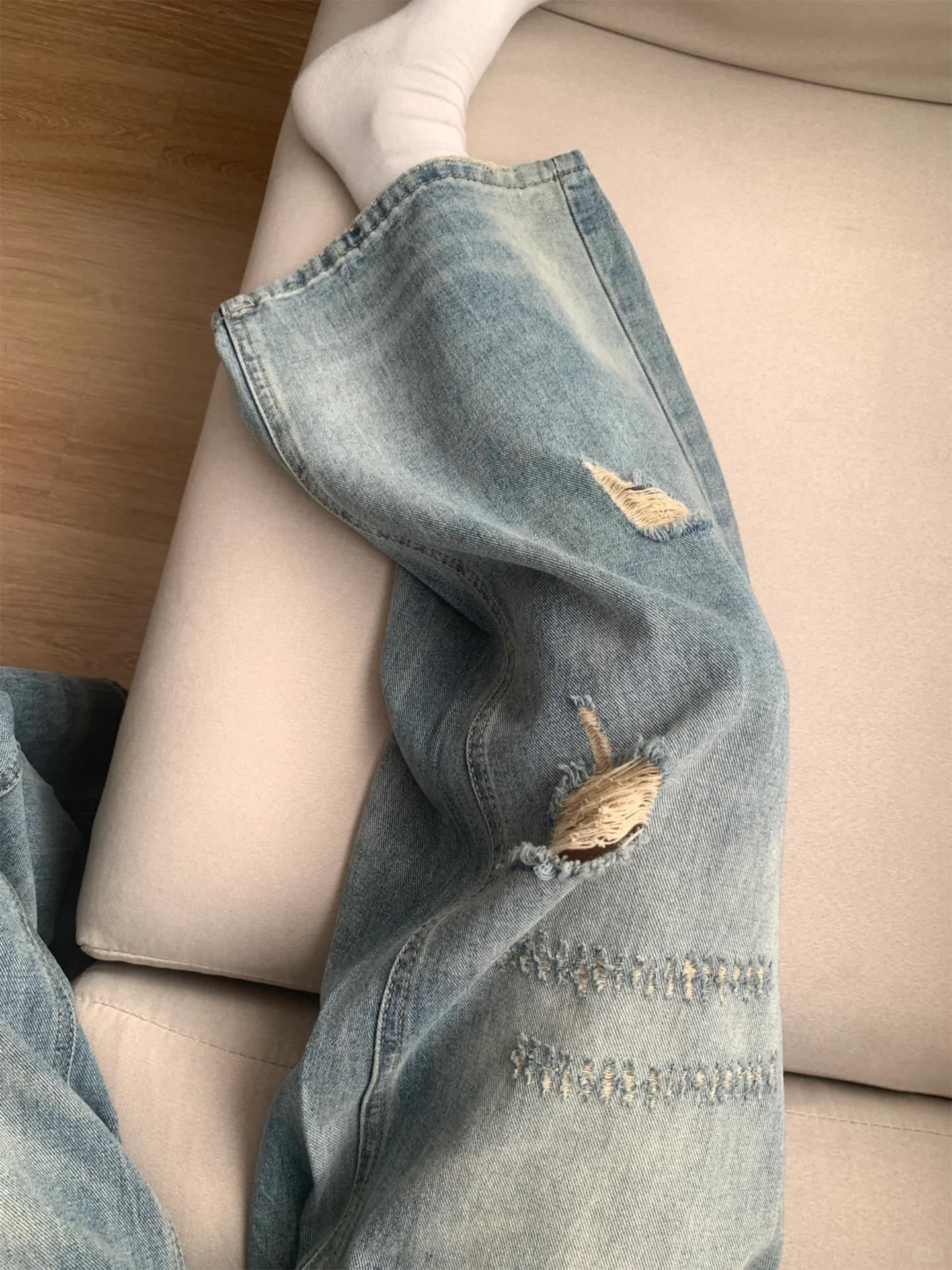 American Style Ripped Jeans for Women Summer Thin 2025 New Large Size Fat mm High Waist Loose Lazy Style Wide Leg Pants