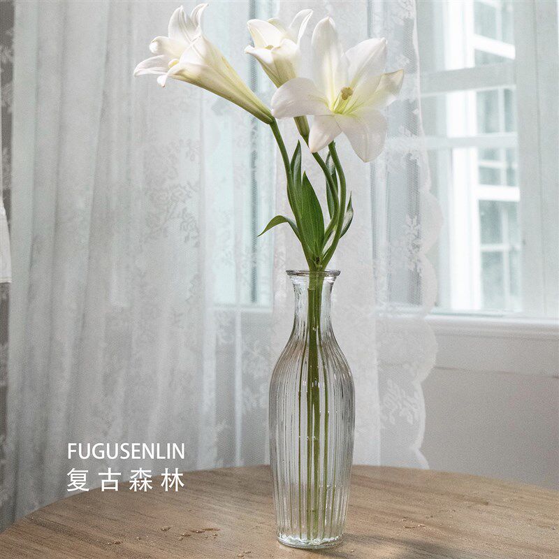 速发vitage复培老玻璃简约透明线条小花瓶花面干鲜水刻桌