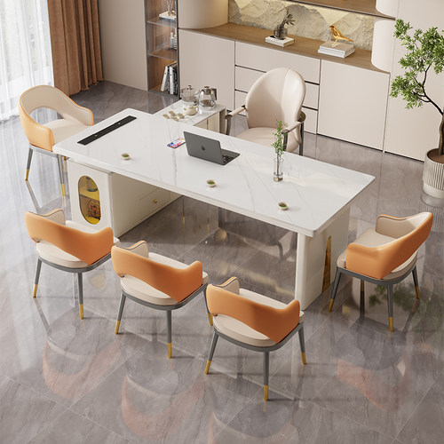 奶油风轻奢岩板茶桌家用办公一体