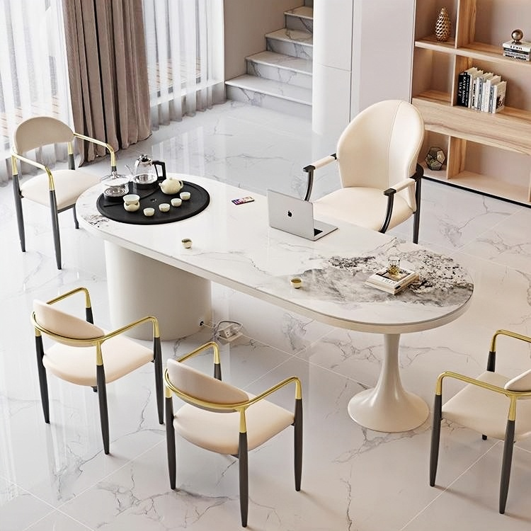 奶油风岩板茶桌送货入户安装