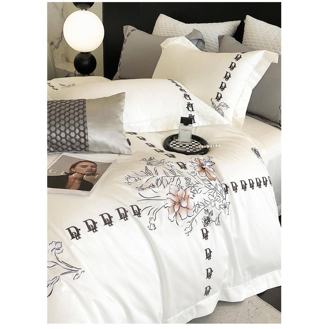 轻奢A类120支全棉长绒棉四件套纯棉刺绣被套双人床单床笠款