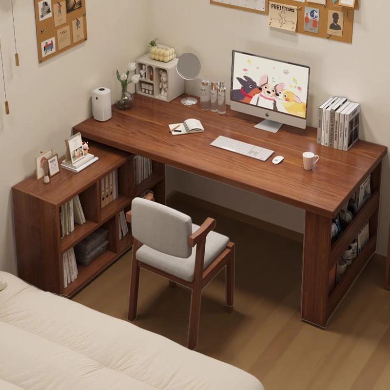 实木转角书桌书架一体电脑桌卧室女生梳妆台l型拐角学习办公桌子