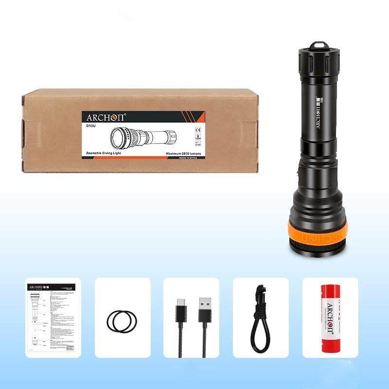新品D13U潜水灯可变焦调焦防水手电筒水下摄影补光灯潜水手电