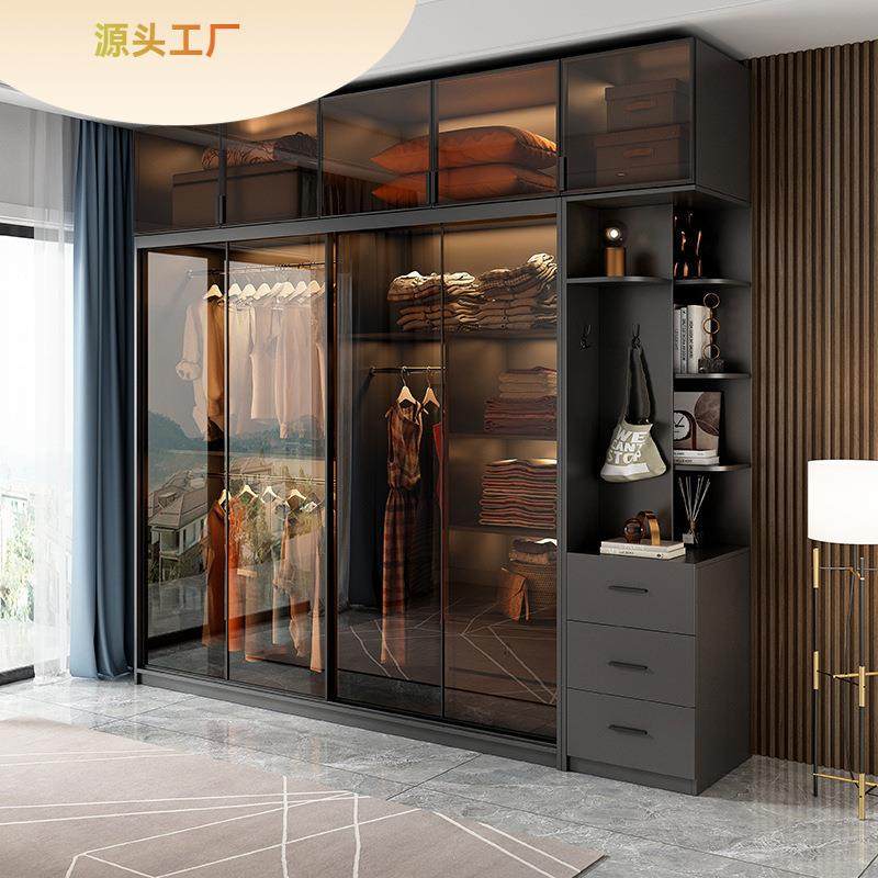 推拉门衣柜家用卧室实木现代简约轻奢意式极简玻璃门滑门移门柜子