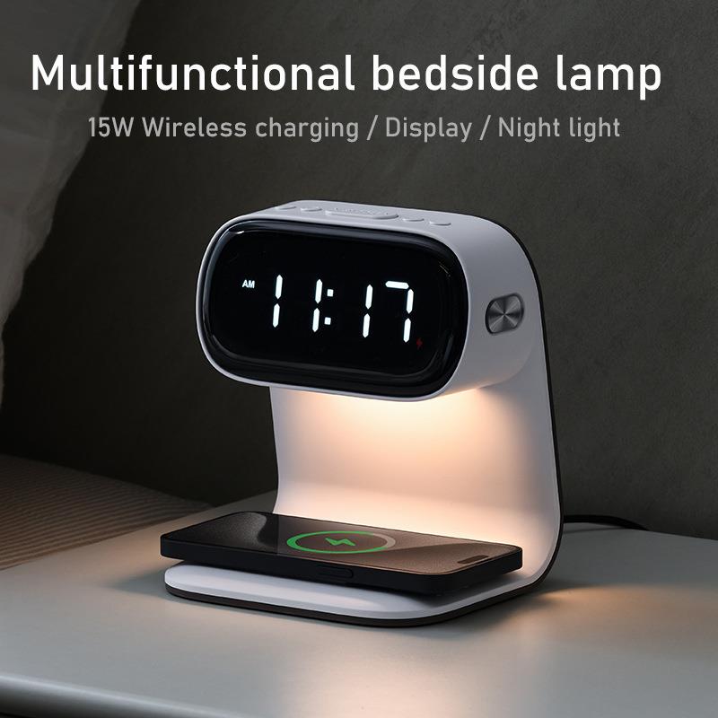 多功能电子闹钟学生宿舍小夜灯钟表家用床头无线充电时钟台灯