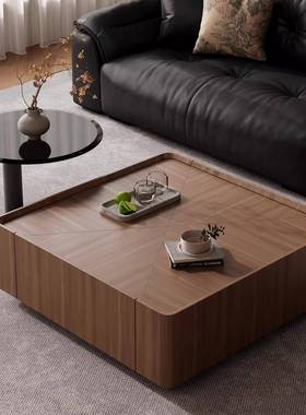 中古风简奢实木方形茶几家用客厅小户型简约现代胡桃木圆茶台组合
