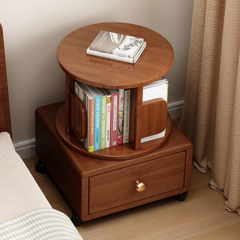 多功能小型储物架卧室实木床头柜多层旋转小书架带轮可移动置物架