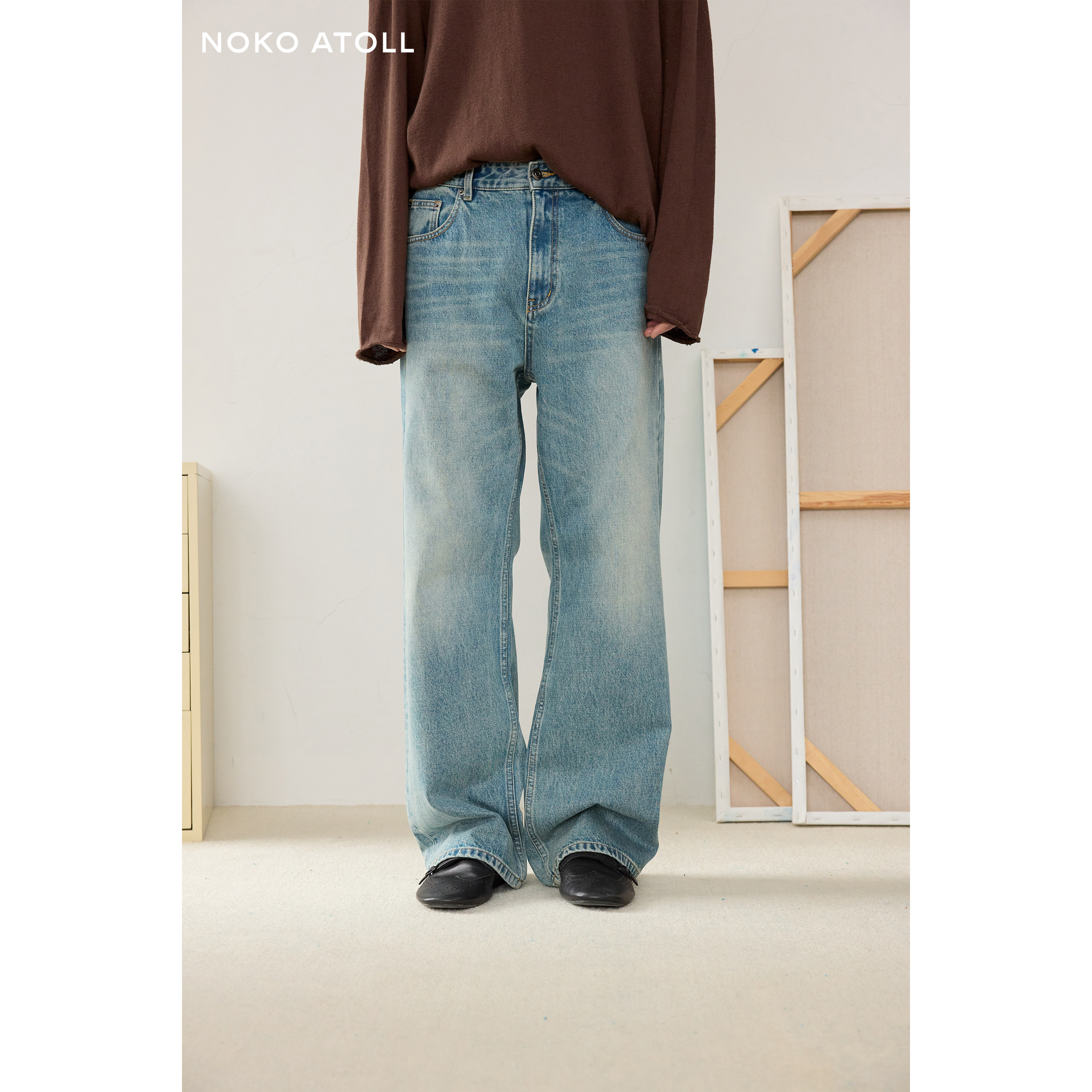 【NOKO】纯棉酵素洗水阔腿直筒牛仔裤 手擦猫须做旧丹宁裤子