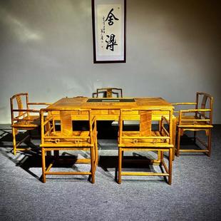 茶台水波纹休闲茶几茶室桌椅组合家具 正宗金丝楠木茶桌实木新中式