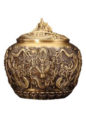 纯黄铜中式密封罐九龙茶叶罐家用大号储存罐精品高档茶仓工艺摆件