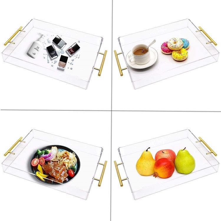 亚克力托盘透明防溅水防漏零食茶水盘金色金属把手便携式托盘