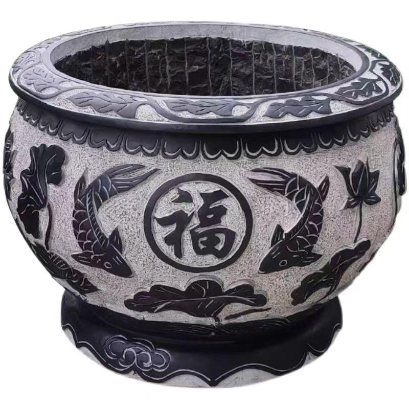 仿古青石鱼缸荷花雕刻鱼缸景观摆件别墅庭院户外门海造景石缸花盆