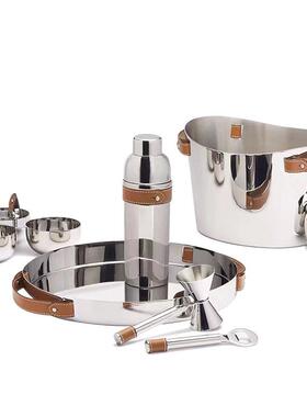 现代皮革银金属香槟红酒冰桶果盘样板房轻奢托盘花器组合桌面