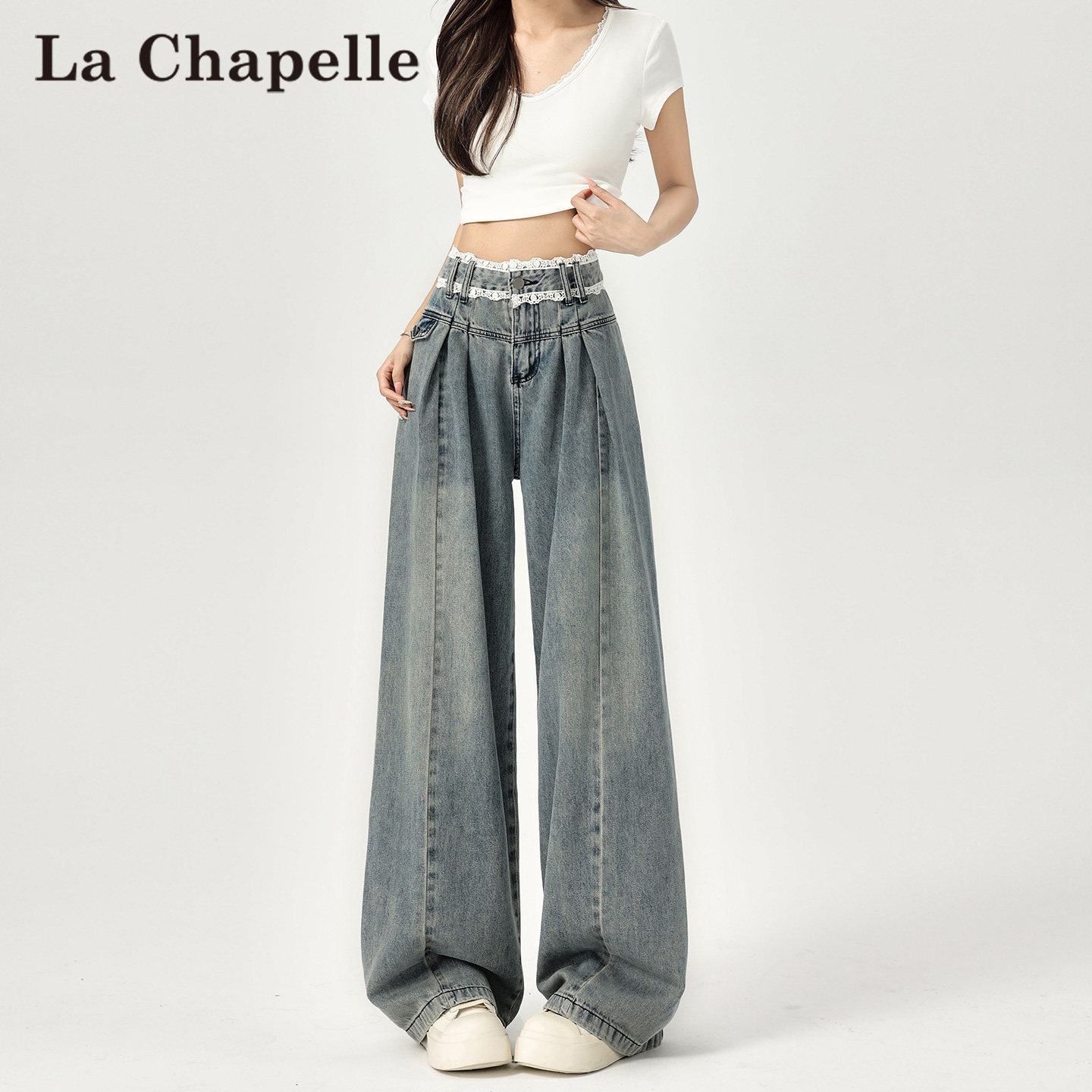 La Chapelle Lace Trim Scimitar Jeans for Women, Spring and Summer Thin High-Waisted Pleated Relaxed Scythe Wide-Leg Pants