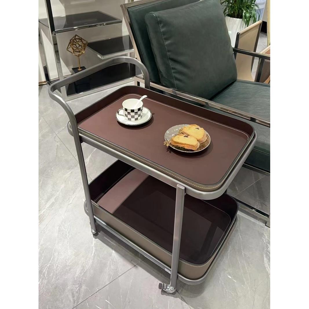 轻奢马鞍皮移动沙发边几小推车茶几客厅家用角几床头柜带轮置物架