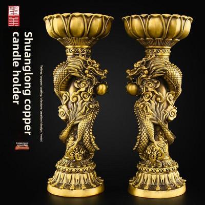 铜烛台饰品黄铜对中国覆古家居佛像铜莲花龟鹤龙烛台大尺寸