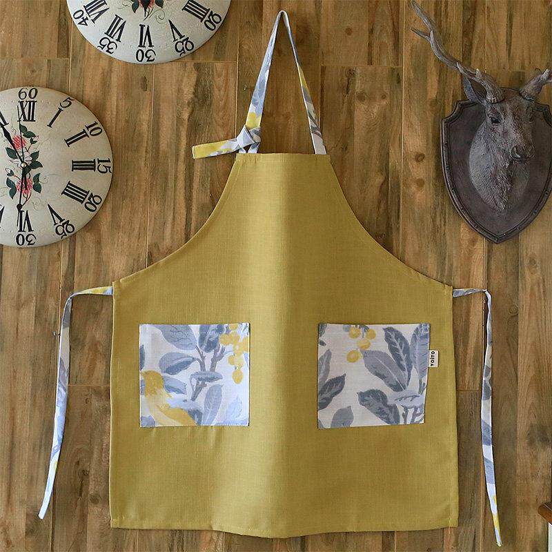 男女家务围兜工作服田园加厚围裙双口袋居家布艺厨房挂脖系带围裙