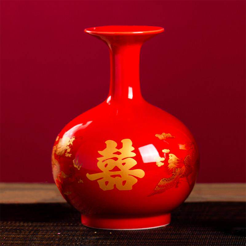 大红色花瓶陶瓷婚庆结婚摆件插花中式喜字婚房装饰中国红天花一对