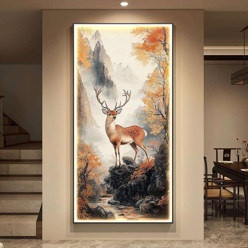 新中式梅花鹿玄关装饰画一路平安走廊过道挂画山水入户门带灯壁画