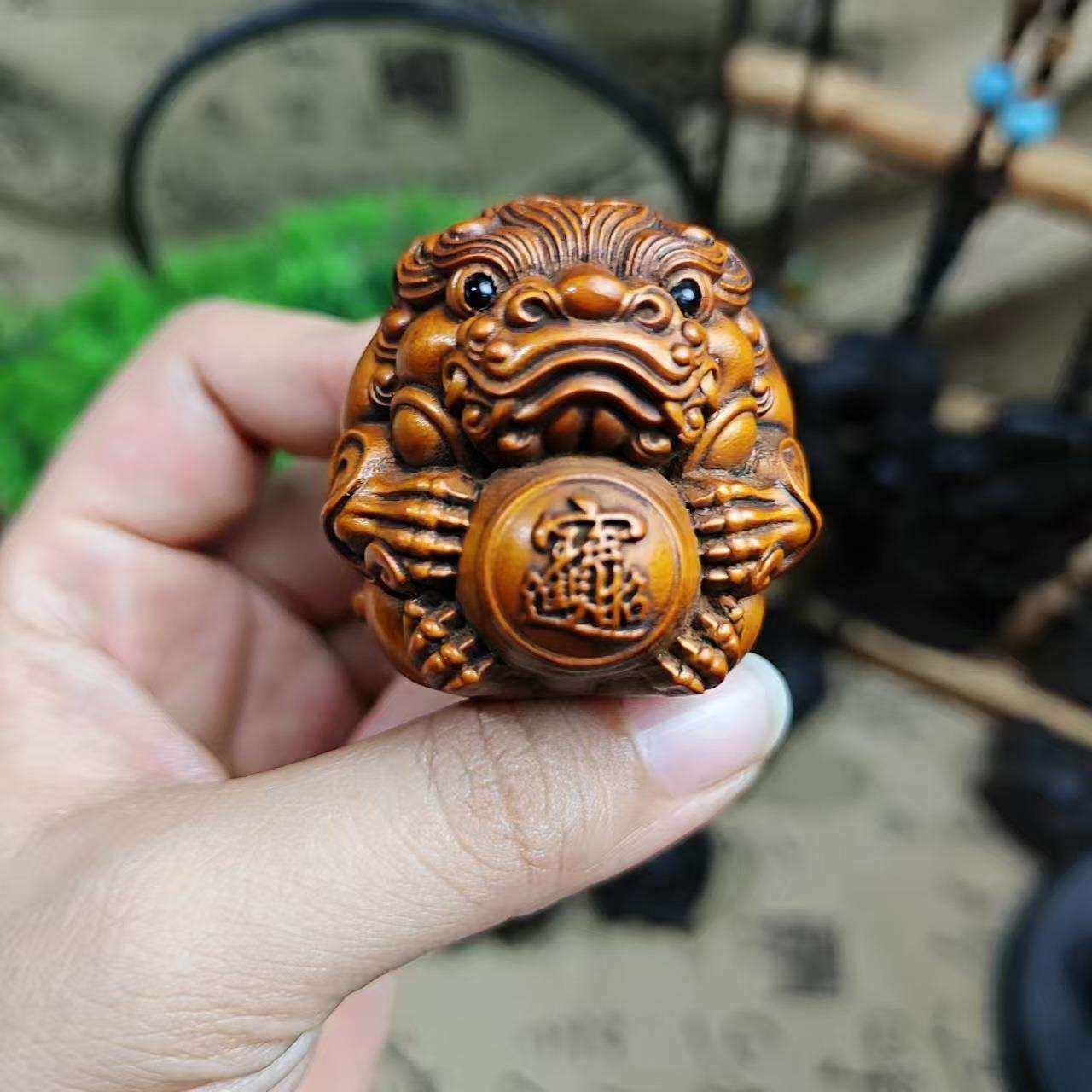 旧藏黄杨木雕貔貅手把件车挂件盘玩貔貅手把玩件招财有求必应挂件