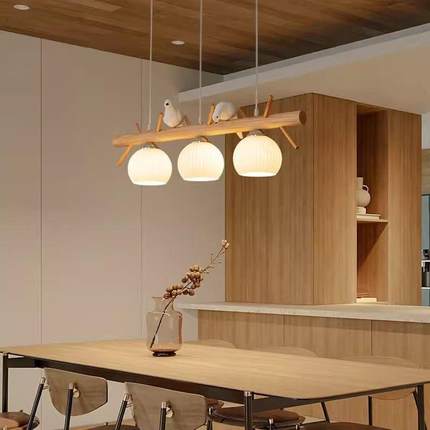 日式家用实木餐厅吊灯北欧简约饭厅吧台个性原木风led小鸟灯