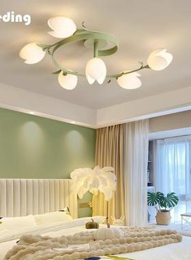 led简约现代创意卧室灯北欧主卧绿色新款花朵儿童房间吸顶灯网红