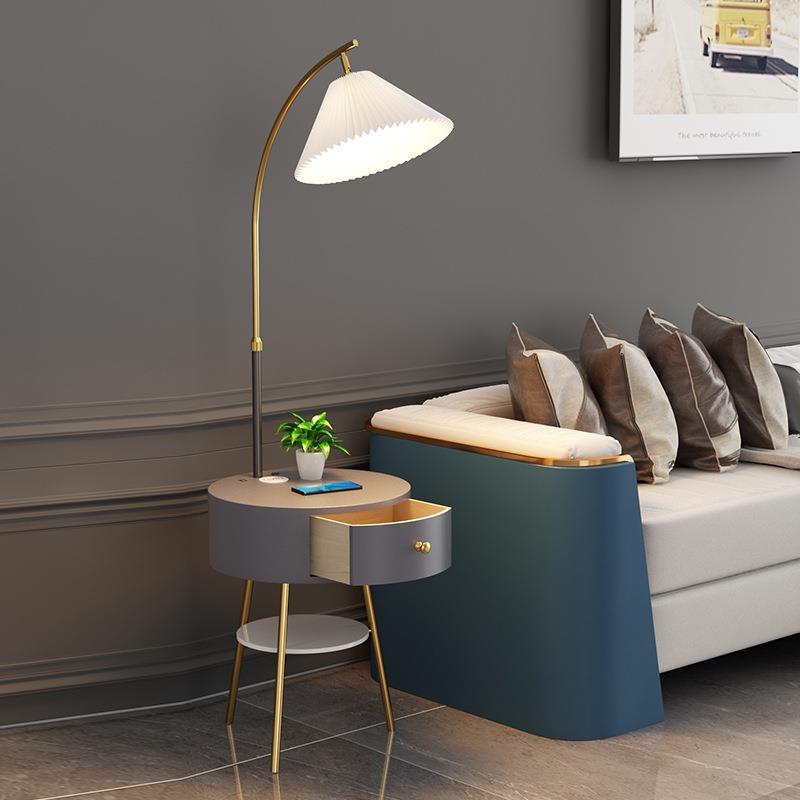 落地灯客厅沙发旁边轻奢设计感百褶卧室床头柜一体置物架双层台灯