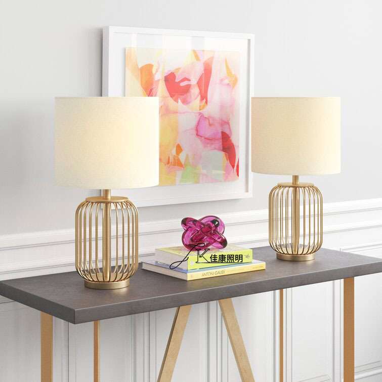 2022年新款爆款亚马逊跨境电商供货复古铁艺金色笼子布艺美式台灯