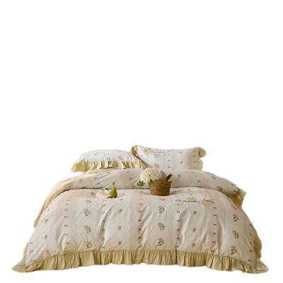 法式公主风缎棉床上四件套韩式绒花FOR25122边款贡全棉被套床长单