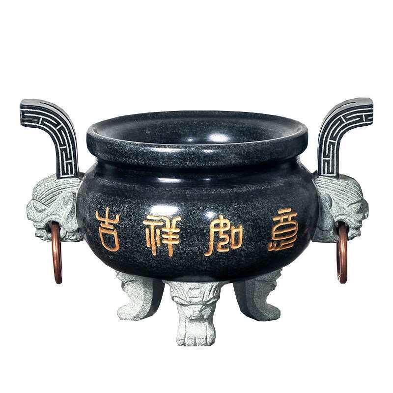 石雕兽头青石香炉圆口佛具寺庙祠堂陵园供桌大香炉雕刻三脚供