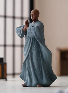 新中式创意紫砂小和尚摆件禅意家居客厅博古架桌面装饰品瓷工艺品