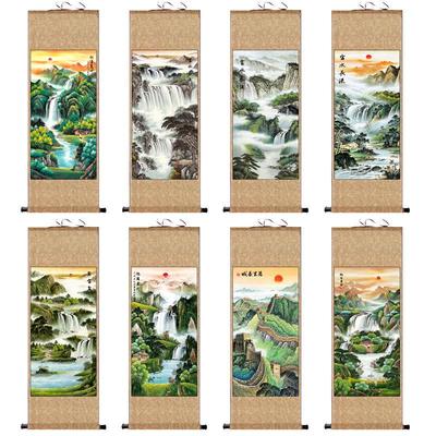 办公室招财山水聚宝盆丝绢卷轴画条幅风景画风水字画礼品挂画富水