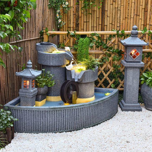 中式田园流水落地摆件庭院别墅花园阳台造景水轮养鱼循环水加湿器