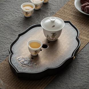 简易陶瓷家用简约小型沥水茶台托盘 窑变鎏金干泡茶盘储水禅意日式