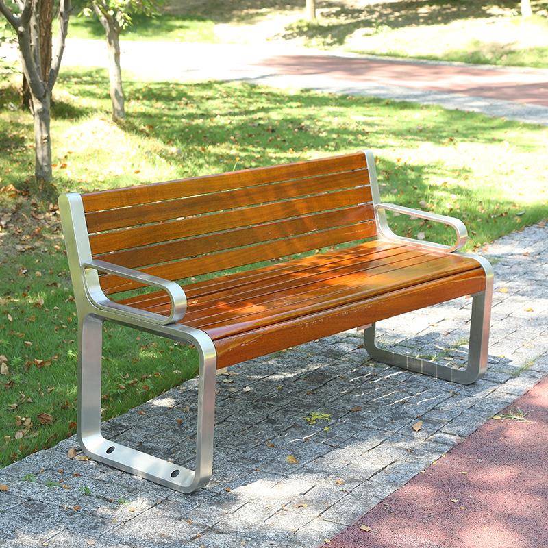 户外不锈钢公园椅室外防腐木休闲铁座椅长椅庭院双人长条凳子
