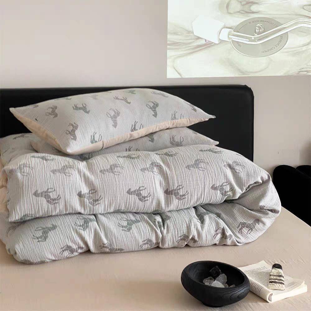 复古风织色花全+Vshup棉双层纱提四件风套纯棉纱布被套床单简约床