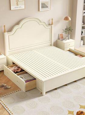 奶油双美式木床卧简约现.代151.8人床主家RKJ用白色储物公主