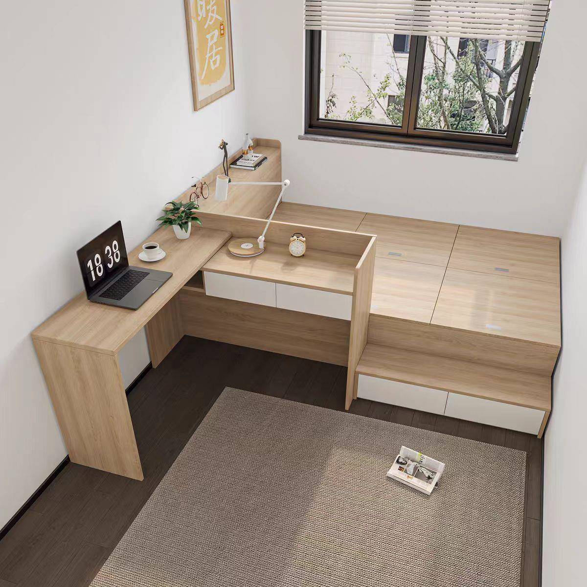 小户型高箱榻米带书榻桌床米衣柜床一体组合F989758H板式踏踏小房