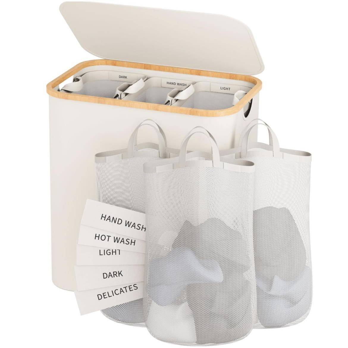 亚马超大QOJ容量可折分类标脏衣篮篓楠竹收纳筐分区带盖逊脏衣爆