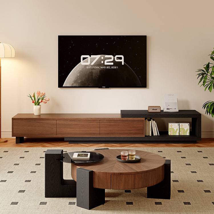 中古风实木圆形茶几简约现代客厅家用极简复古感胡桃木小桌子