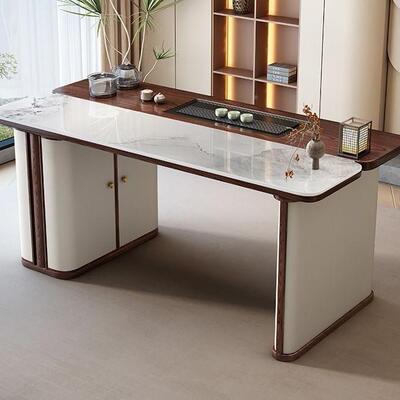 中式实木岩板茶桌简椅合长方DMV组公形现约亮光岩板茶台茶桌