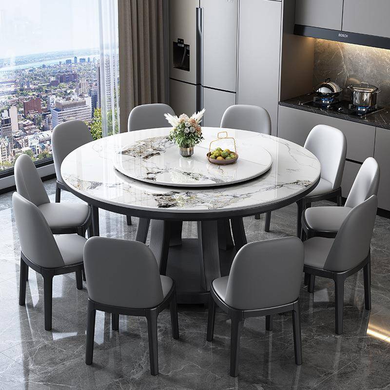 轻亮光岩板形餐桌带转盘圆桌奢TL-c30#小现代简约家用大户型餐圆