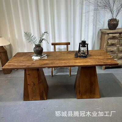 老木中式茶桌复古榆自然桌面长FEN桌木民宿店办公酒桌实茶桌茶台