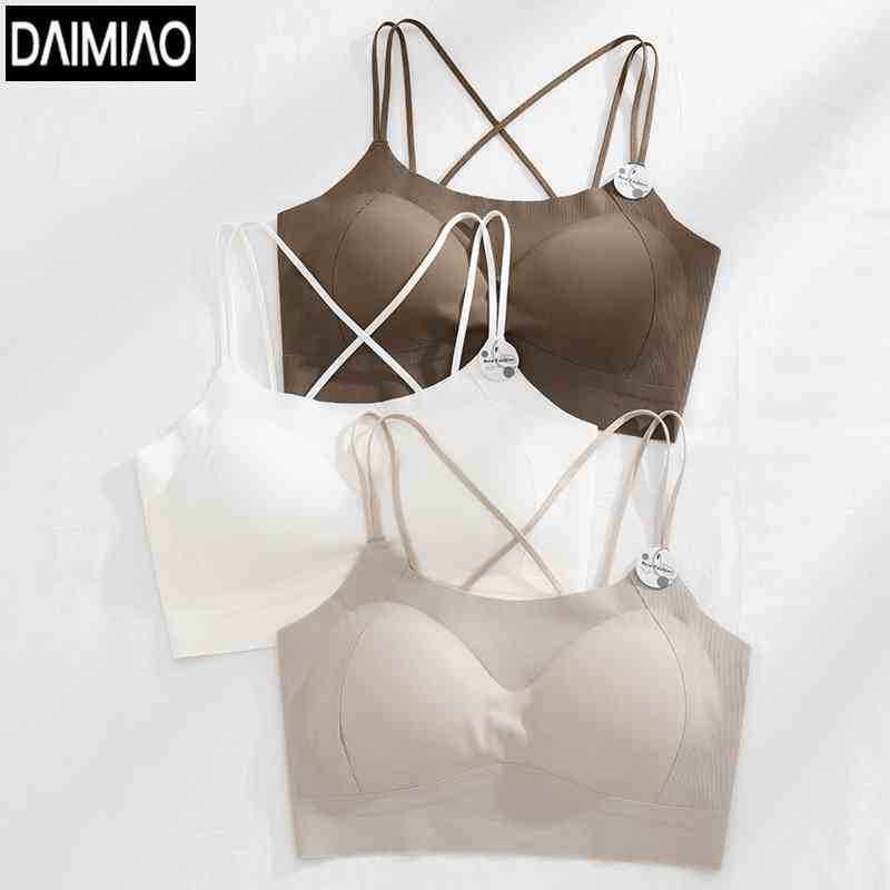 新款交叉美背文胸内衣女士无钢圈乳胶冰丝带胸垫加厚内搭无痕裹胸