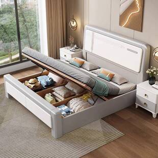 现代简约静音榫卯全实木床XMA白色婚主卧1物.5加米厚双人储床