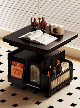 实木移动几多功能可升降叠边几茶推车折YIL中古风家用茶桌餐桌可