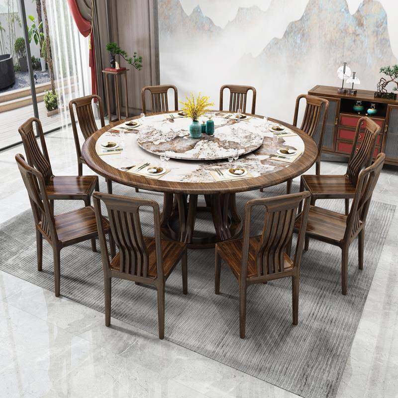 椅新中式实餐桌桌1.3米6013#圆桌木带转盘1.5米8人岩板吃饭桌子乌