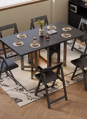 黑色复古全实折饭叠木餐桌家用现代轻奢长方户形可伸WAX缩隐形小